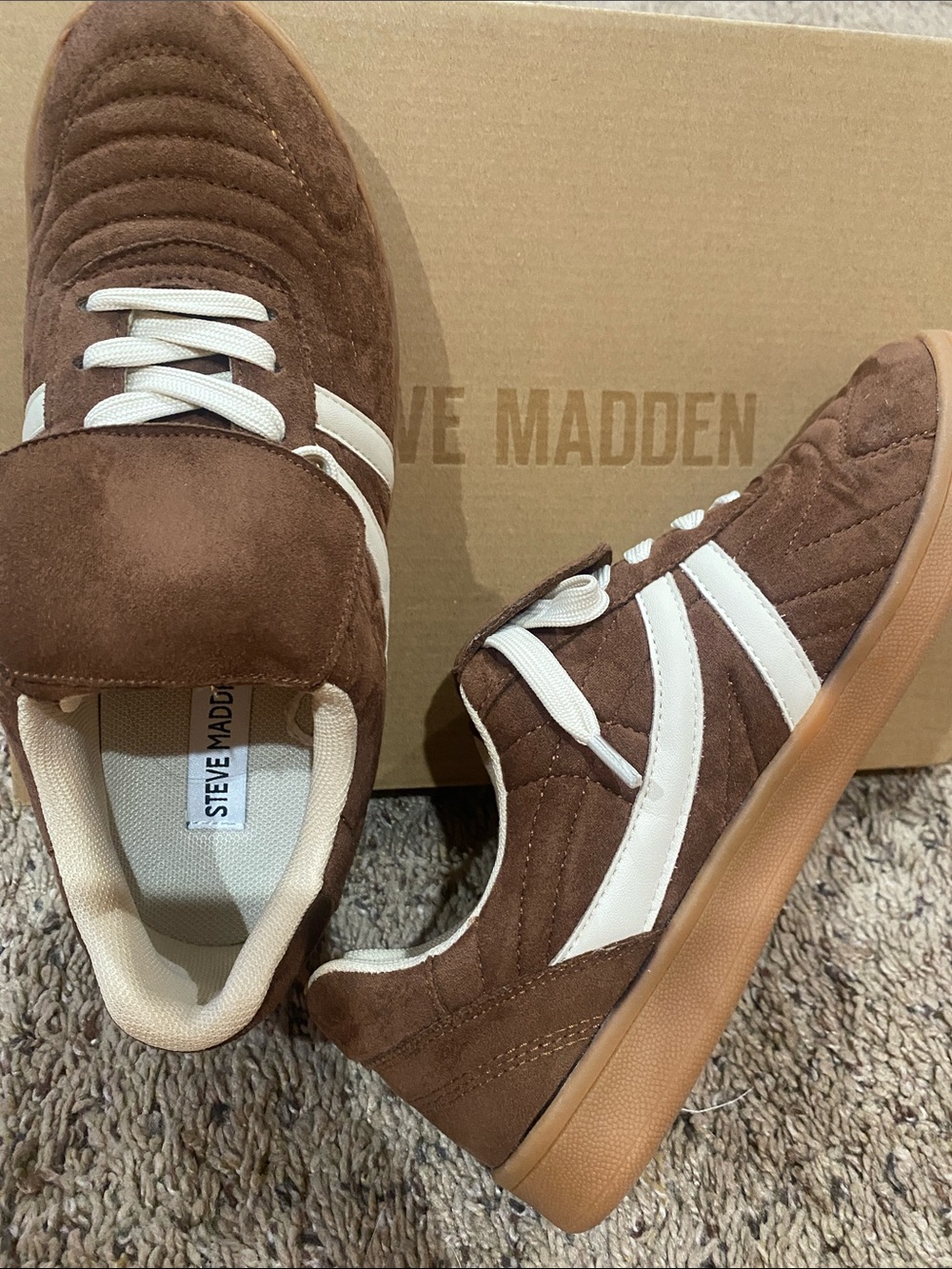 Steve Madden Brown Suede Sneakers with White Stripes and Gum Sole